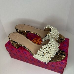 Tory Burch Black & Gold Brocade Pearl-Embellished Slide Sandals